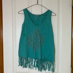 Turquoise tank top with fringe, southwestern design, size S